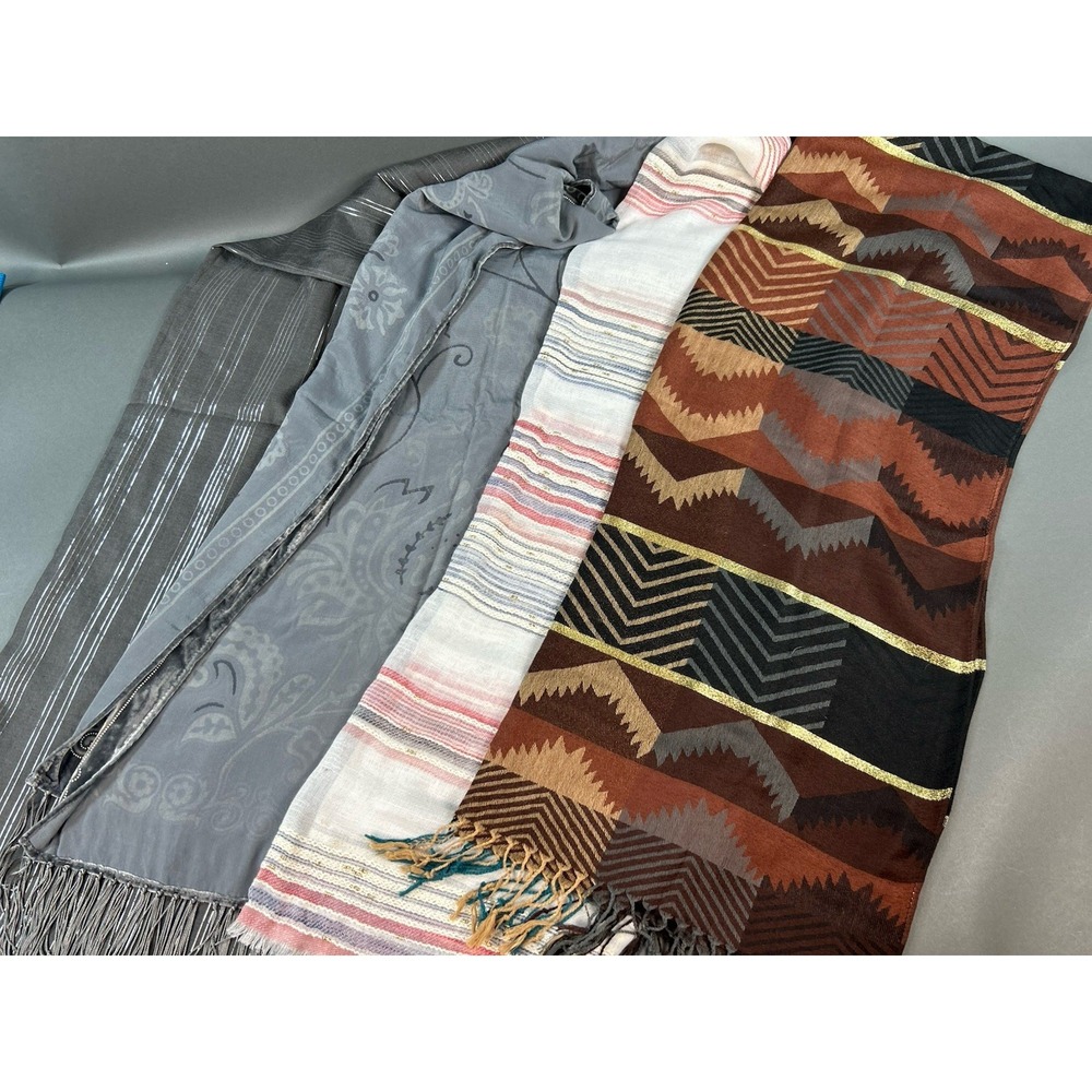 Lot of 4 Women's Fashion Scarves Wraps Assorted Lightweight Fringe Sheer Gray